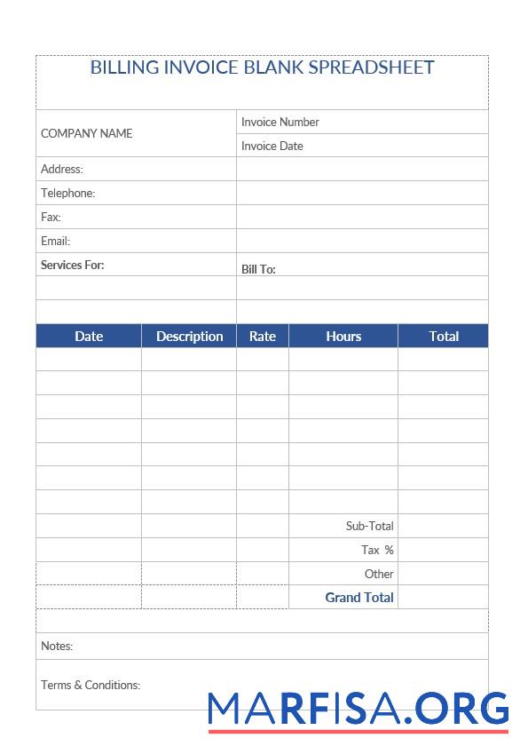 Blank Billing Invoice Blank Spreadsheet Template
